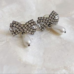 Silver Tone Rhinestone Dangling Faux Pearl Bow Earrings Bridal Black Tie Party
